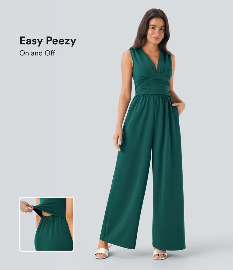 ColaSuit™ - Jumpsuit da festa senza maniche con scollo a V, tasche laterali e zip invisibile - Easy Peezy