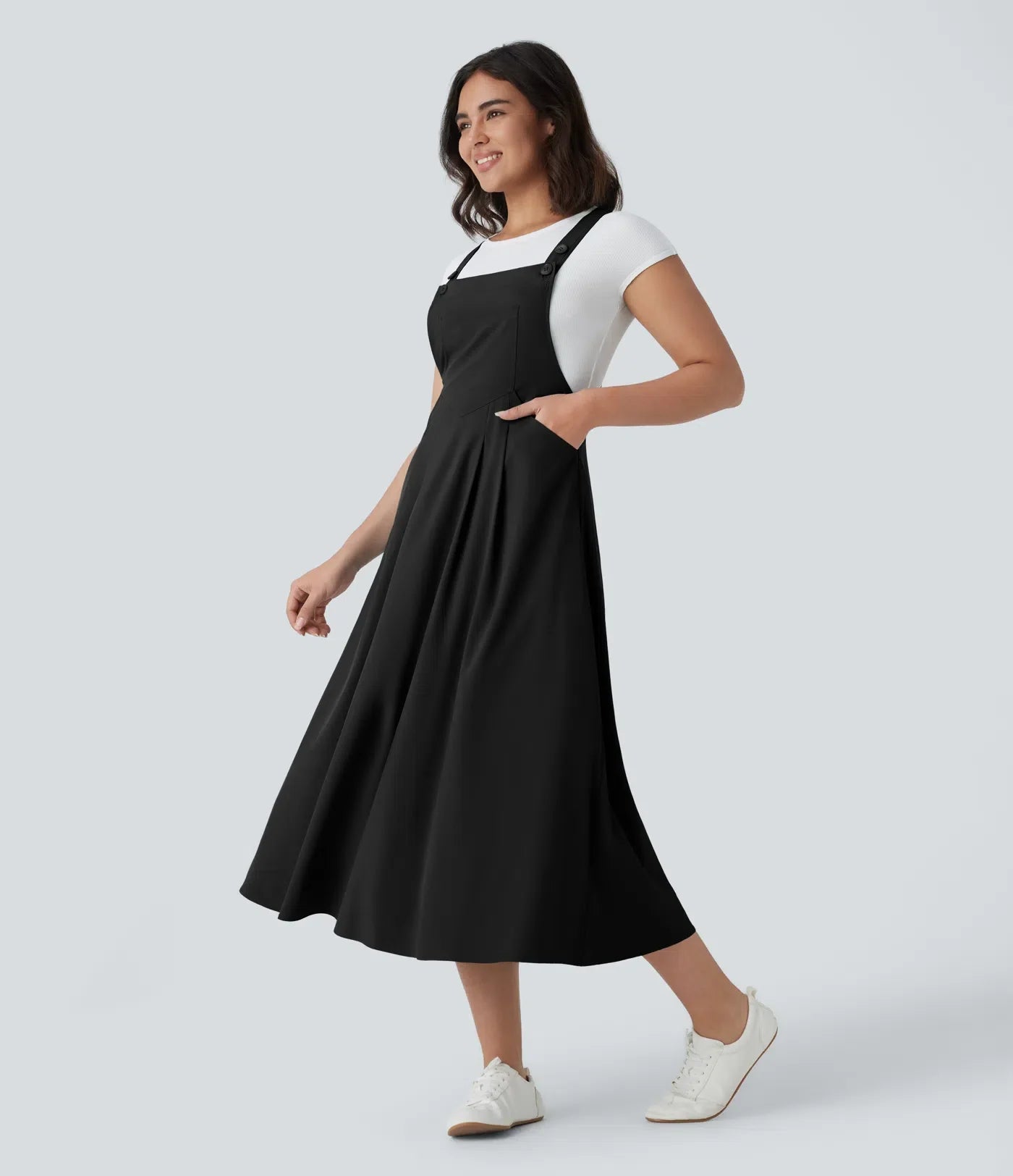 Classico™ - Abito midi casual e fluido con tasche multiple, spalline regolabili e bottoni